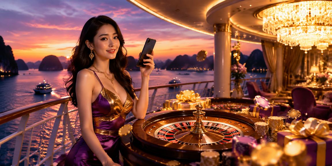 Khung cảnh vịnh Hạ Long với bầu không khí casino sôi động và người chơi trực tuyến