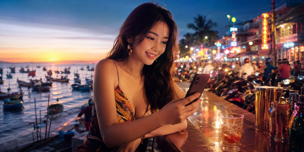 Người chơi slot jackpot trên điện thoại tại bãi biển Mũi Né buổi tối