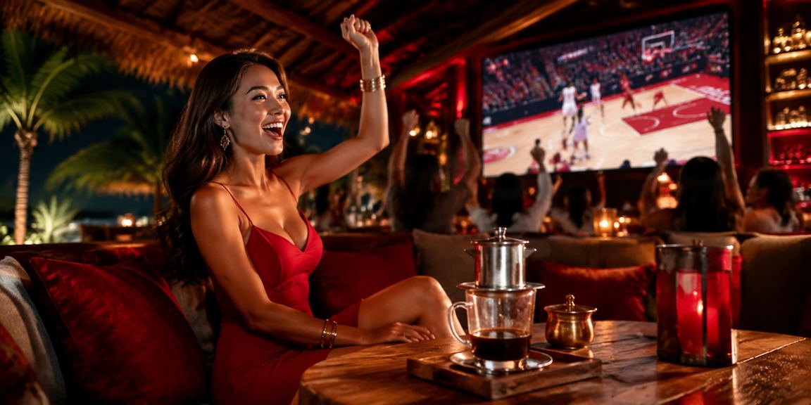 Người dùng xem thể thao và quản lý tài khoản cá cược tại Phú Quốc bên ly cà phê